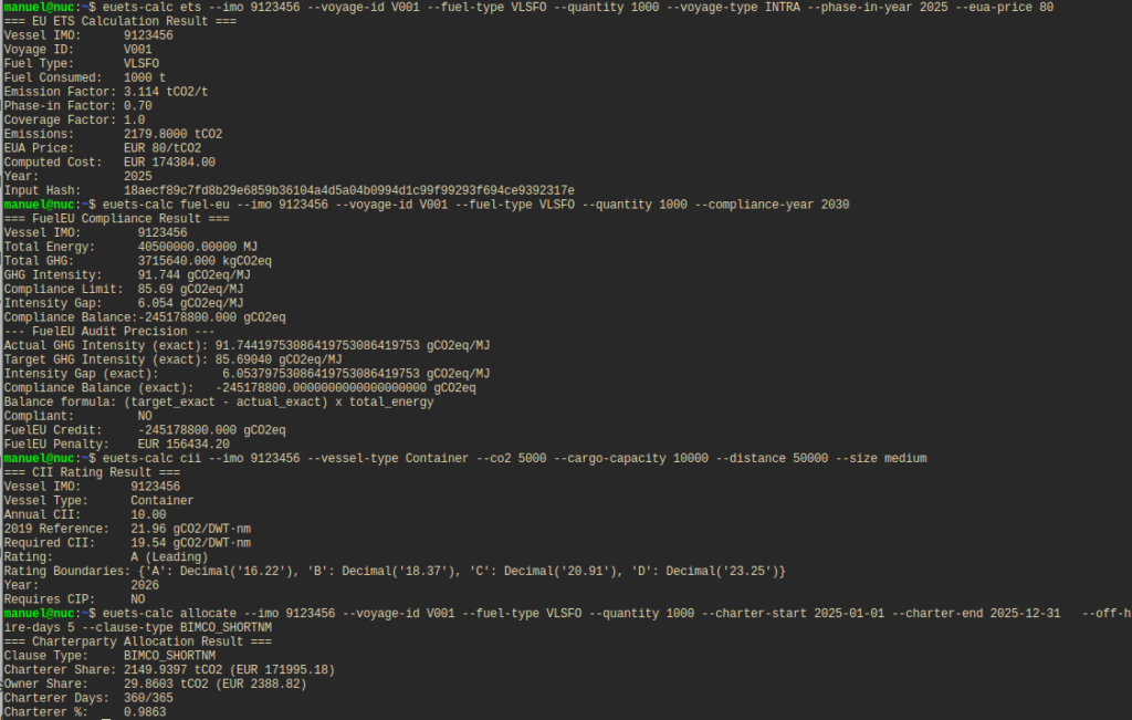 sample euets-calculator output